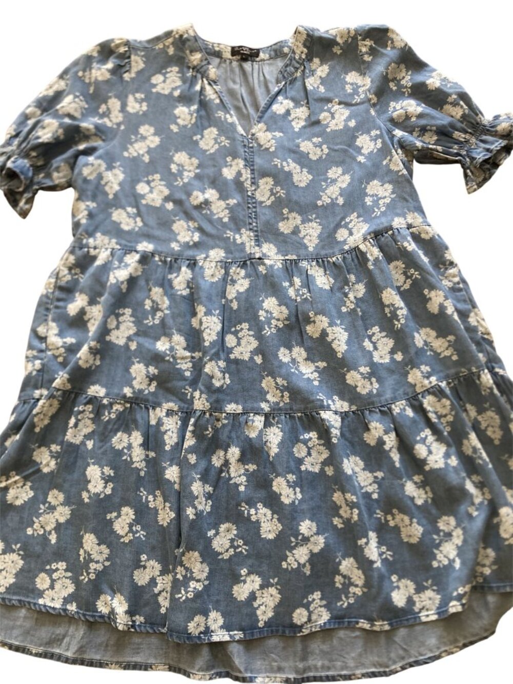 Floral Chambray Tiered Midi Dress Soft Denim With Puff Sleeves Look Boho Casual - Picture 4 of 5